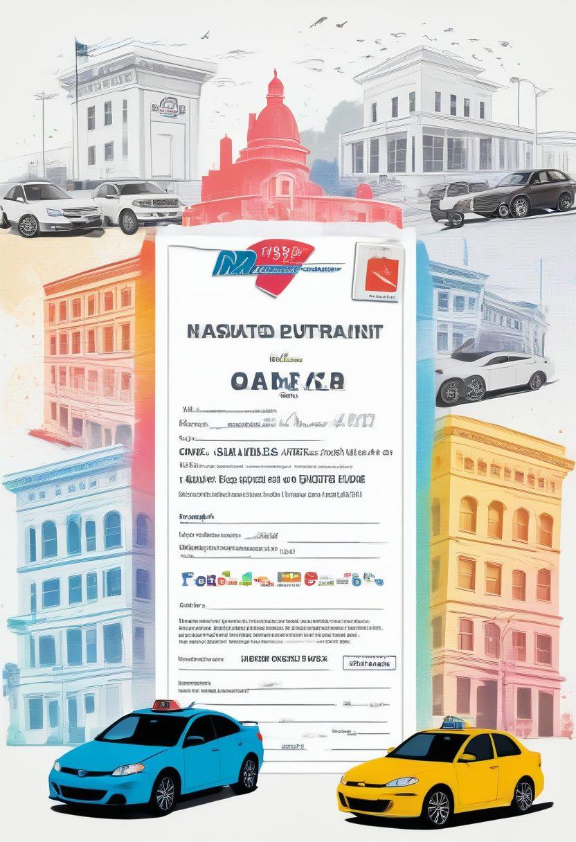 A visually engaging collage depicting various DMV services like driver's permits, vehicle registration forms, and a queue of diverse people at a DMV office. Include vibrant icons representing driving tests, license plates, and car keys scattered throughout the composition, all set against a backdrop of the DMV building. Use a bright color palette to create an inviting atmosphere. vector art. vibrant colors. white background.