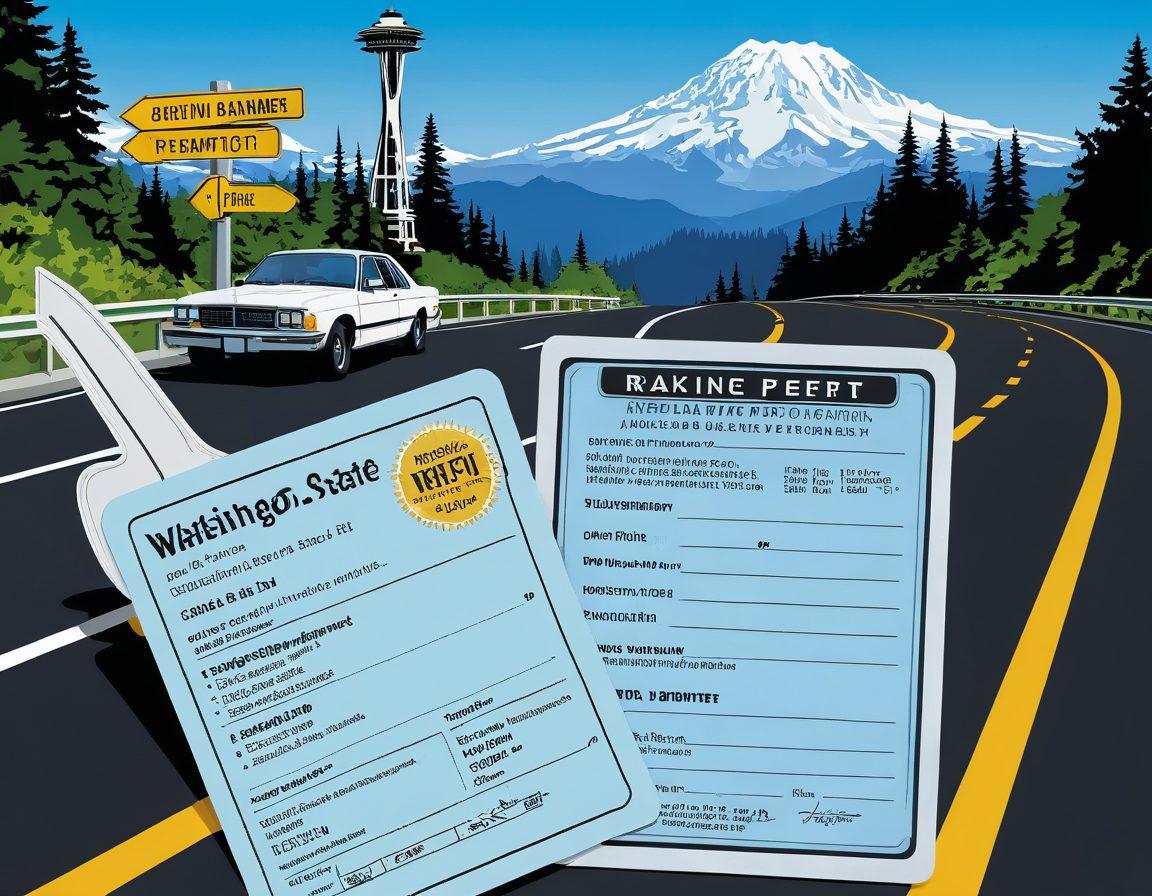 A detailed illustration of a Washington state driving permit alongside an application form, with iconic landmarks like the Space Needle and Mount Rainier in the background. Include elements like a checklist, a pen, and colorful road signs to emphasize road safety and awareness. The overall tone should be informative and visually appealing to potential drivers. vibrant colors. vector art.