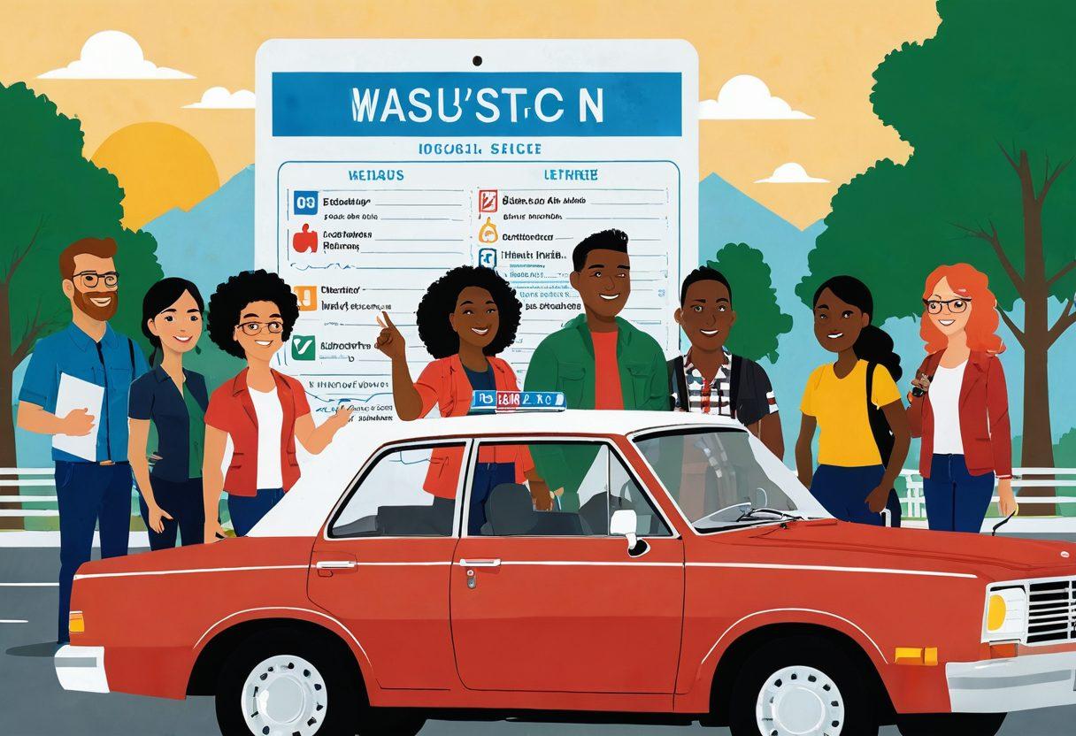 An engaging illustration of a diverse group of people navigating the DMV, with a large sign reading 'Washington State DMV' in the background. Include visuals of a checklist, a map of Washington state, and smiling characters holding their driver's licenses. The scene should have a friendly, reassuring atmosphere, emphasizing guidance and support in the licensing process. Vector art. vibrant colors. white background.